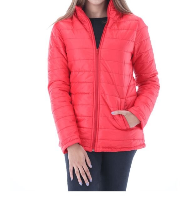 Women Red Puffer Jacket with Hooded Collar - Image 4